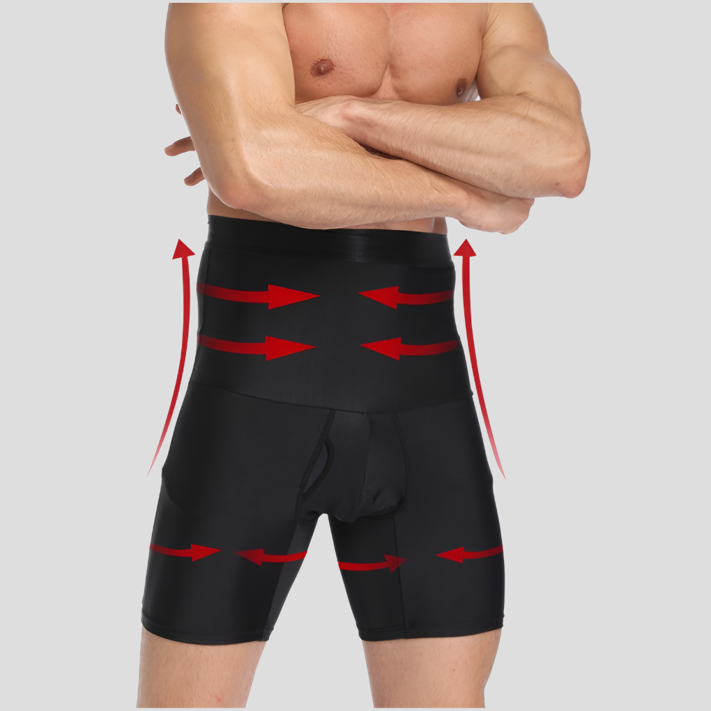Athletic men's high-waisted compression shorts, ideal for gym workouts & sports, providing tummy control.