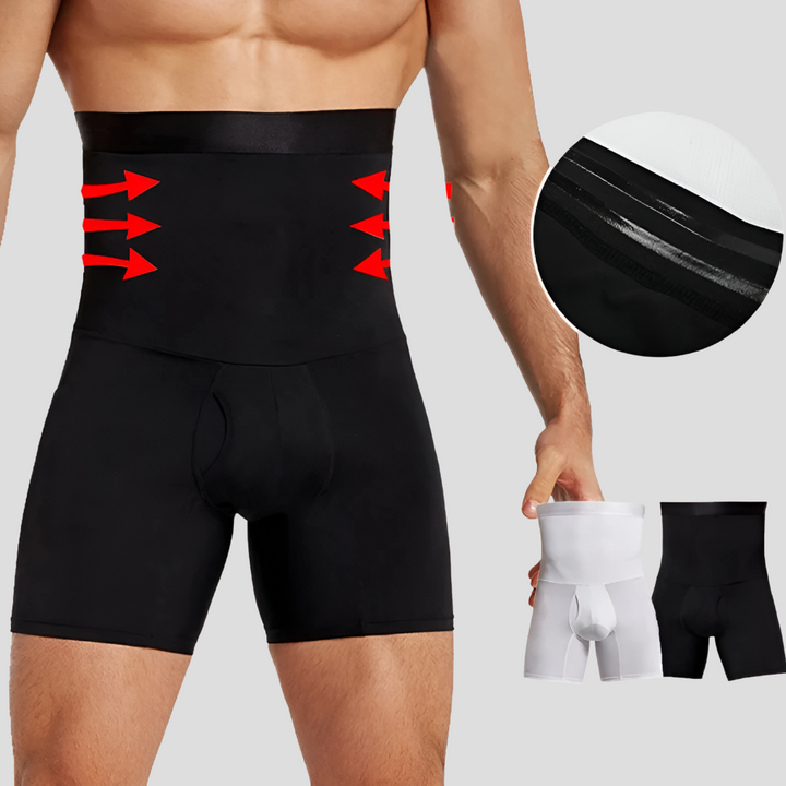 Men's high-waisted compression shorts for tummy control, offering muscle support & moisture-wicking.
