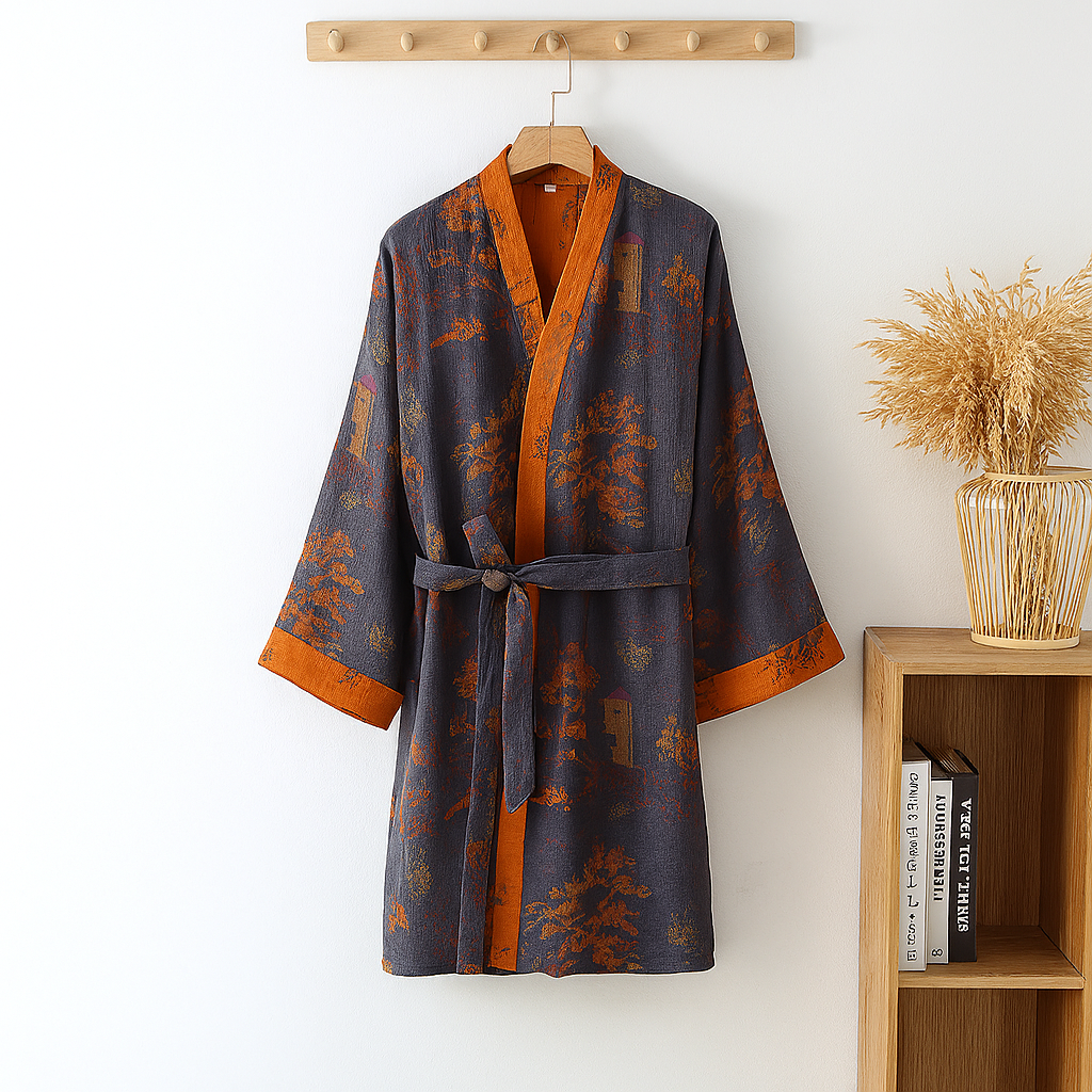 Men's relaxed jacquard kimono robe, comfortable loungewear in a stylish V-neck design, perfect for home relaxation.