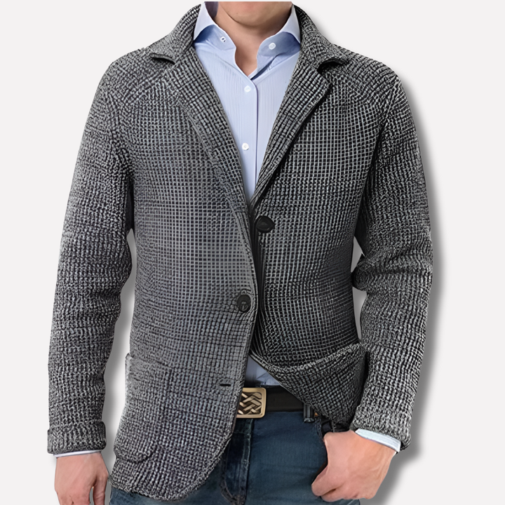 Refined men's long-sleeve button-front cardigan, designed as a blazer-style layering piece for modern men.