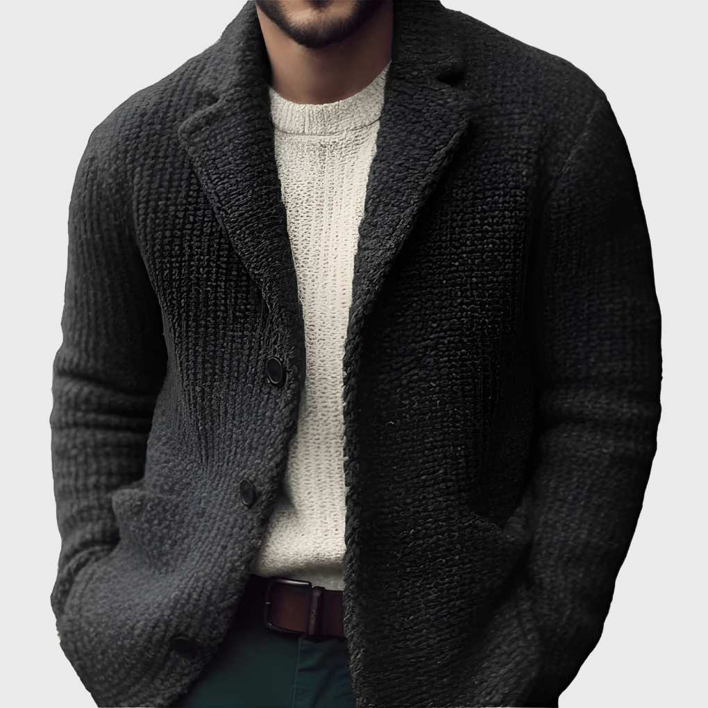 Men's button-front blazer-style cardigan. Versatile long-sleeve outerwear for smart casual and everyday wear.