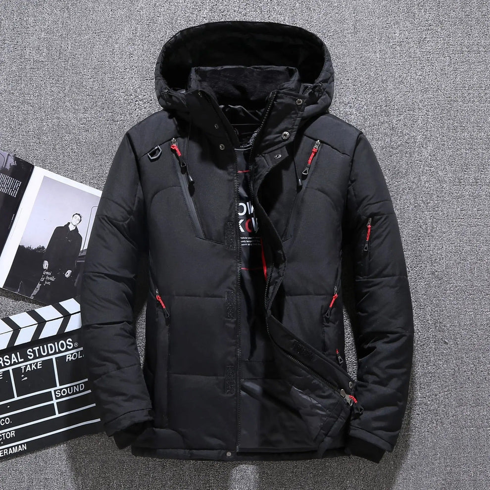 Men's insulated hooded parka, weather-resistant for winter & fall, casual outdoor outerwear.