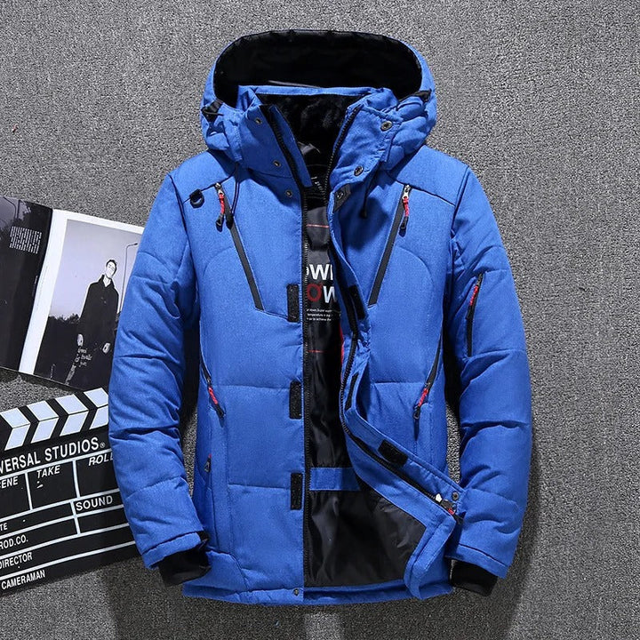 Warm men's insulated hooded parka jacket, perfect for fall and winter outdoor activities.