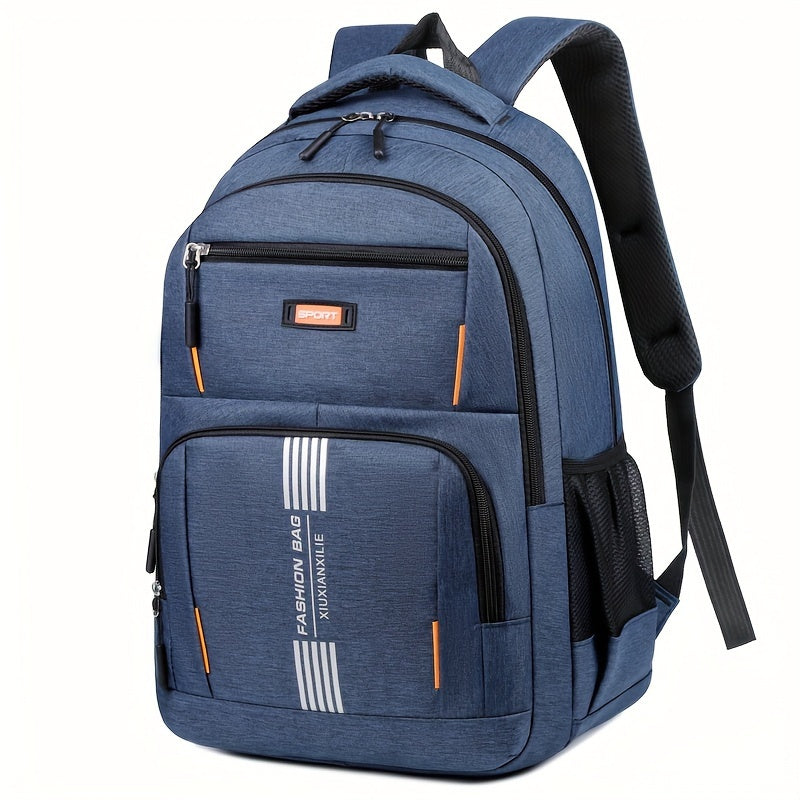 Back panel of men's large capacity travel backpack with comfortable, adjustable straps.