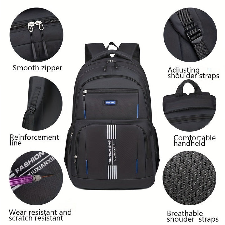 Black men's large capacity travel backpack, suitable for short trips or daily office commute.