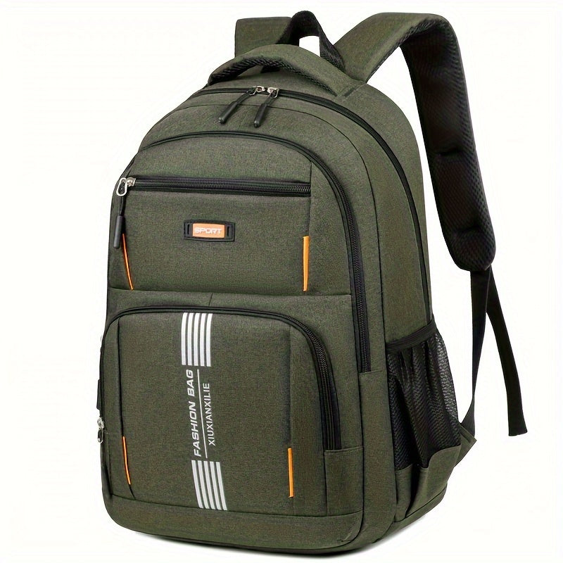 Front view of new men's travel backpack, showcasing spacious design & durable fabric.