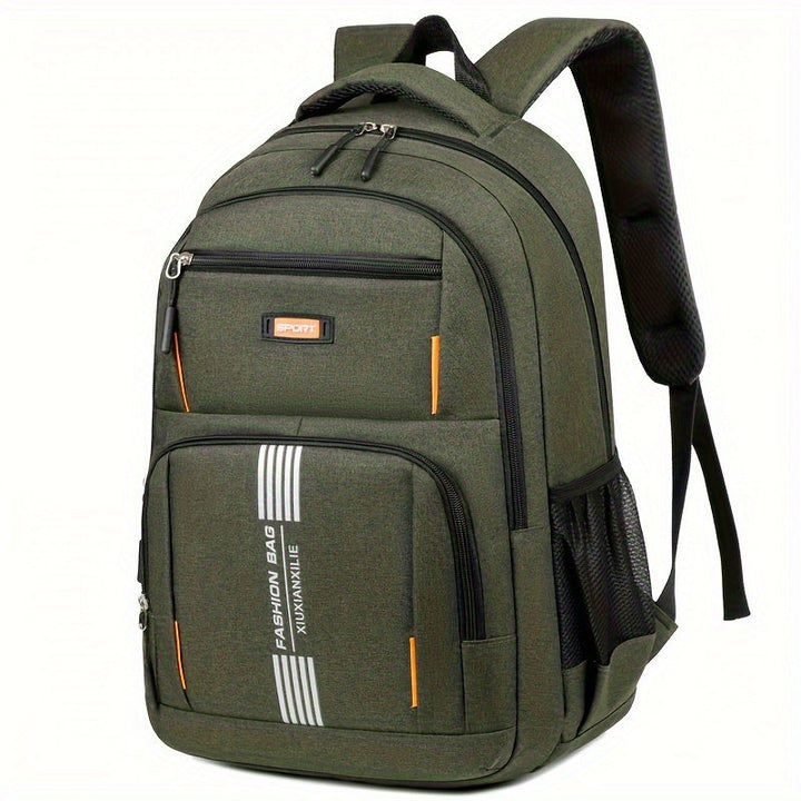 Front view of new men's travel backpack, showcasing spacious design & durable fabric.