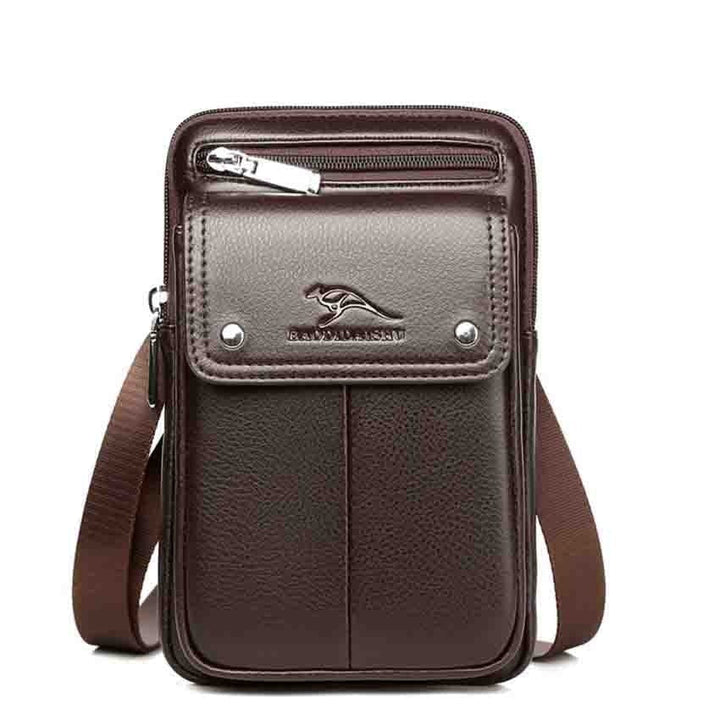 Stylish men's vertical messenger bag with convenient front pocket for easy access & compact utility.