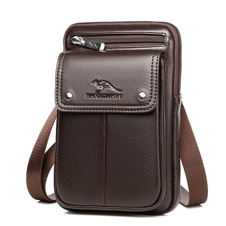 Modern men's vertical crossbody bag featuring a front zip pocket, perfect for stylish daily wear or travel.