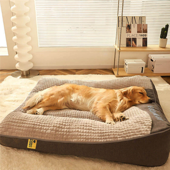 Large orthopedic dog bed with supportive cushion, offering ultimate comfort & joint support for canine health.