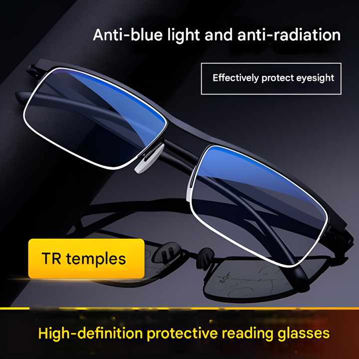 Stylish unisex progressive multifocal reading glasses; optical vision aid for clear, anti-fatigue viewing.