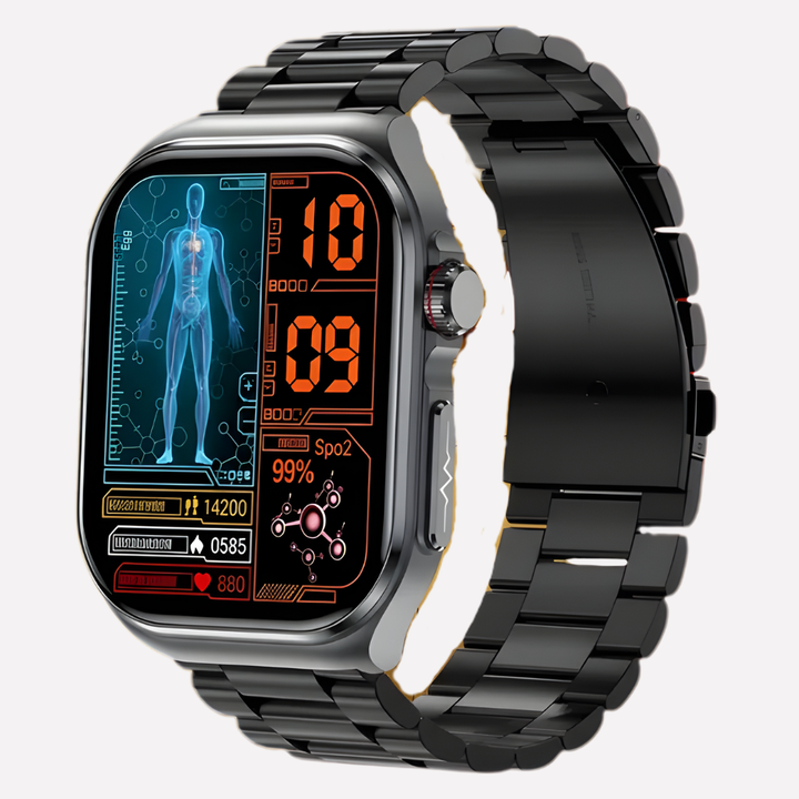 Sleek unisex smartwatch with health and fitness tracking, heart rate monitor, and water resistance for daily wear.