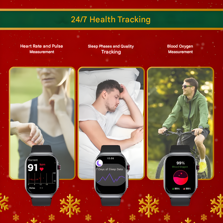 Unisex smartwatch with health monitoring, heart rate tracker, and water resistance. Compatible with iOS/Android phones.