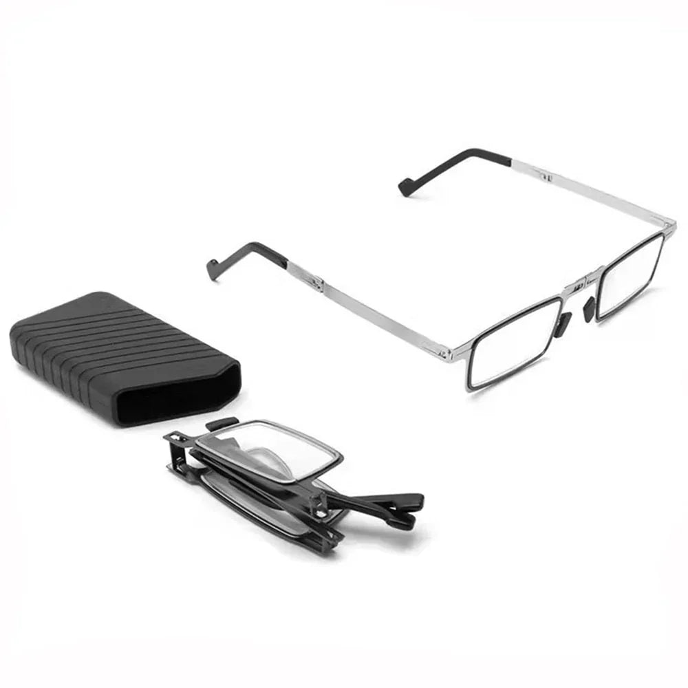 Unisex folding reading glasses with protective case. Compact, silver frame, acrylic lens. Portable vision aid.