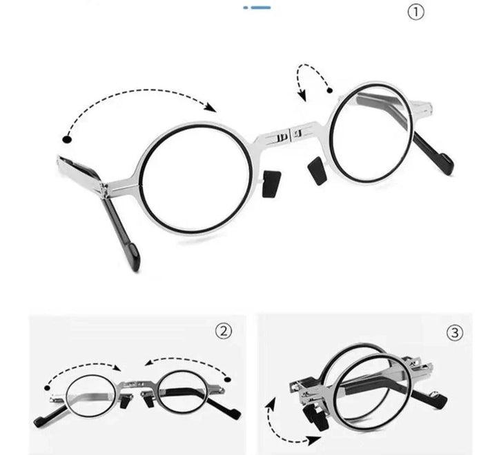 Silver-framed unisex folding reading glasses. Compact & portable eye care with acrylic lens. Includes protective case.