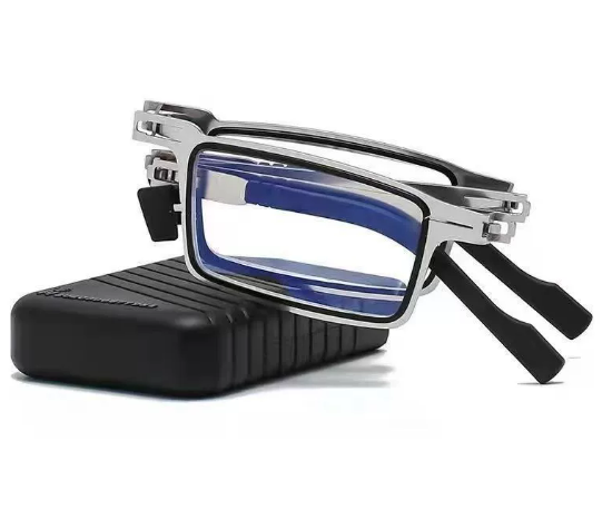 Portable unisex folding reading glasses with sleek silver frame. Compact eyewear for travel. Includes protective case.
