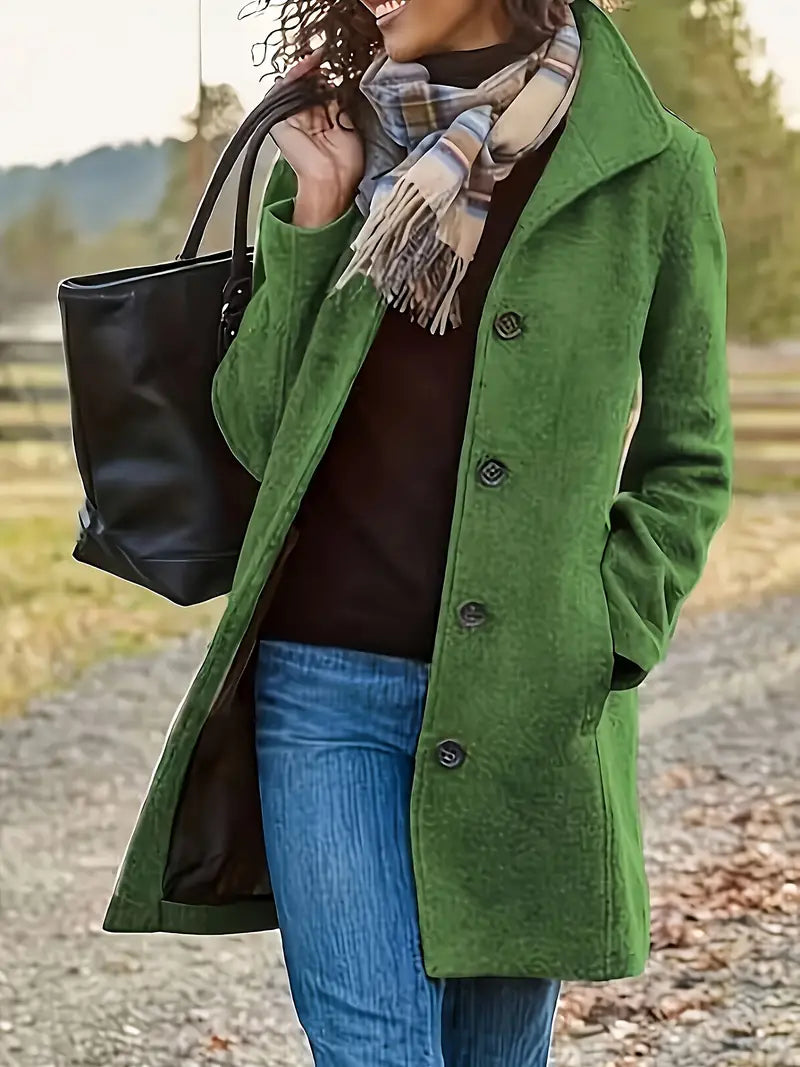Timeless women's trench coat, classic lapel, button-front design. Elegant mid-length outerwear for fall & winter.