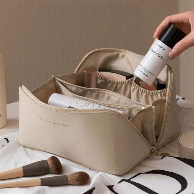 Beige, brown, or pink women's makeup organizer bag. Keep cosmetics tidy with this versatile beauty storage & travel accessory.