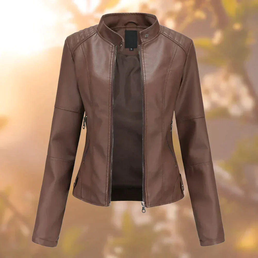 Versatile women's biker jacket, ideal for casual or fashion looks. Sleek, comfortable outerwear for spring/fall.