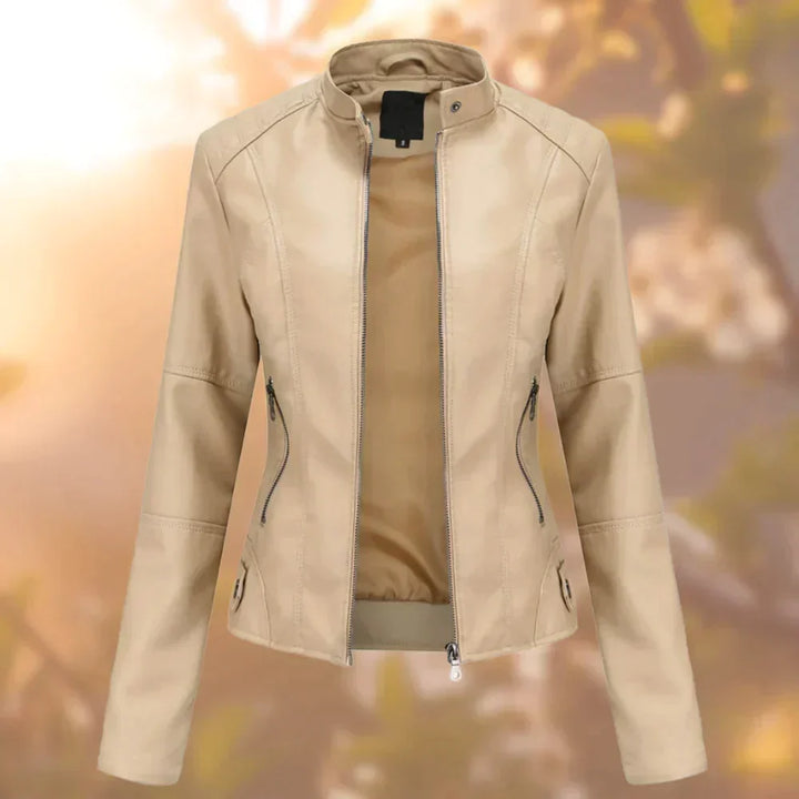 Sleek women's fashion biker jacket, a stylish and versatile outerwear piece for spring and fall outfits.