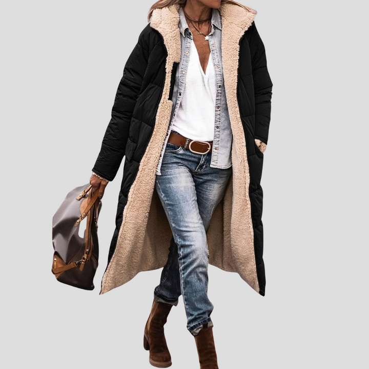 Women's cozy hooded reversible winter coat. Stay warm & stylish with dual-style outerwear for cold weather.