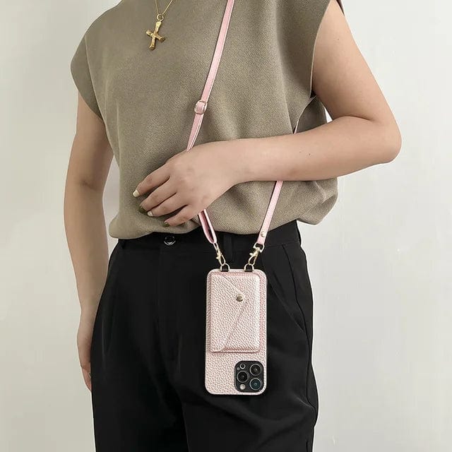 Chic women's phone bag for iPhone, offering a wallet & adjustable strap. Great for travel & keeping organized.