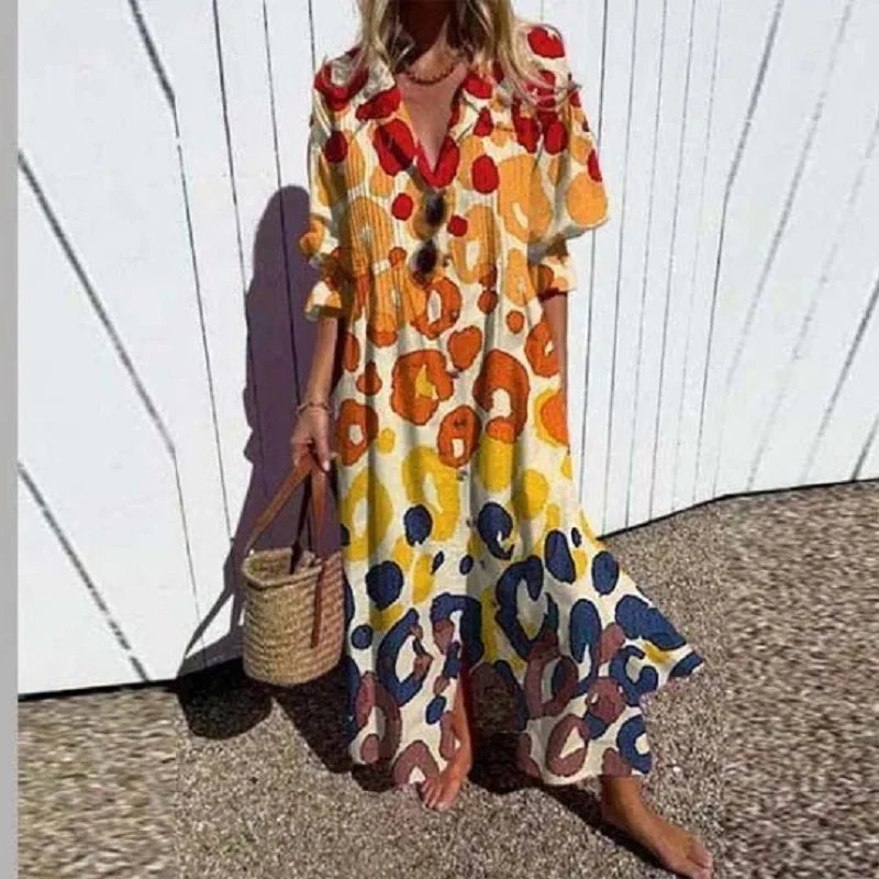 Flowy long sleeve summer maxi dress for women, a versatile button-down with a relaxed fit and collar.
