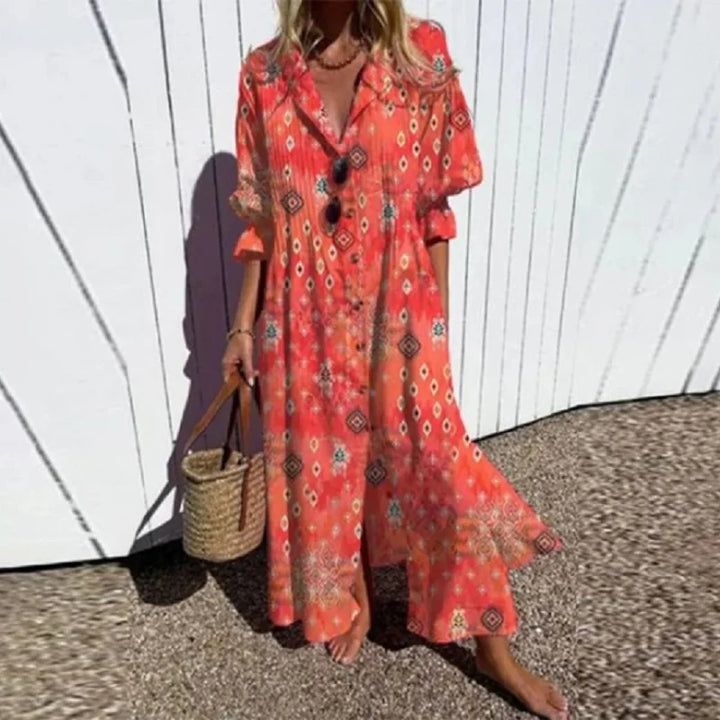 Relaxed fit collared day dress for women, a stylish button-down maxi ideal for vacation and summer.