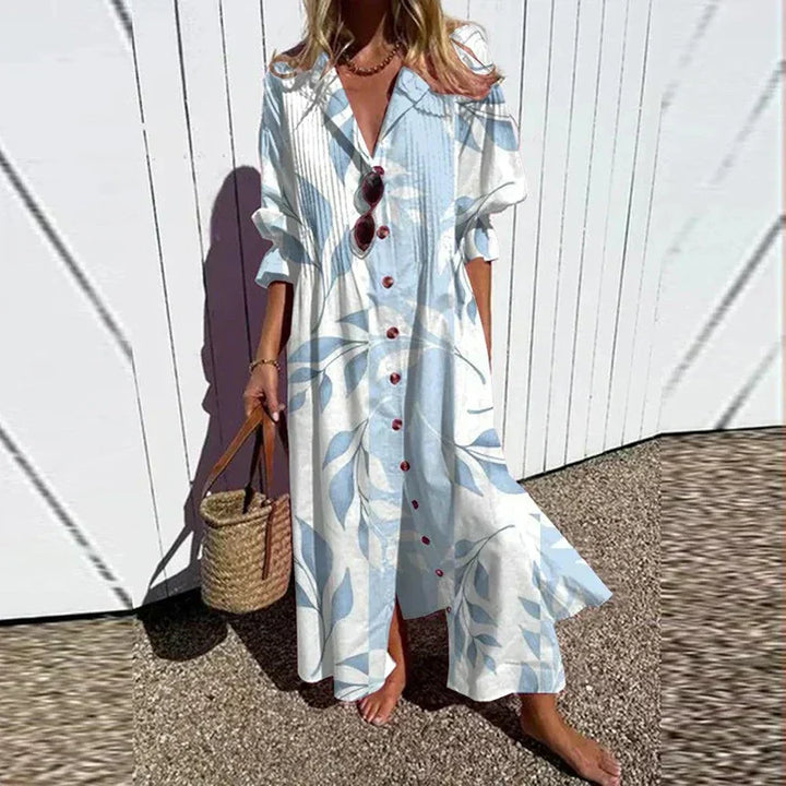 Long sleeve flowy collared maxi dress, a chic button-down summer dress for women's casual elegance.