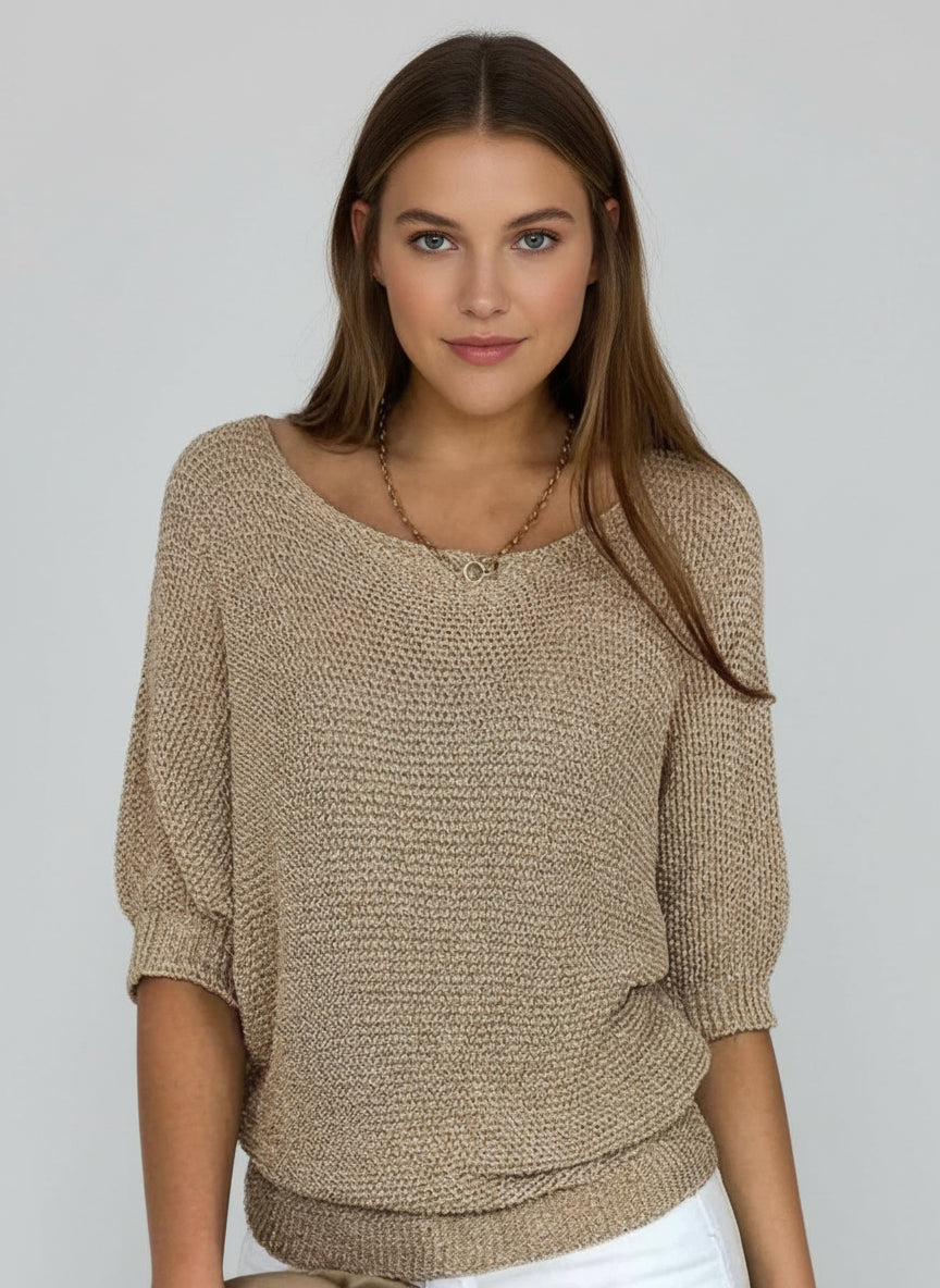 Chic gold short sleeve women's pullover with a round neck and relaxed fit, perfect for comfortable everyday elegant style.