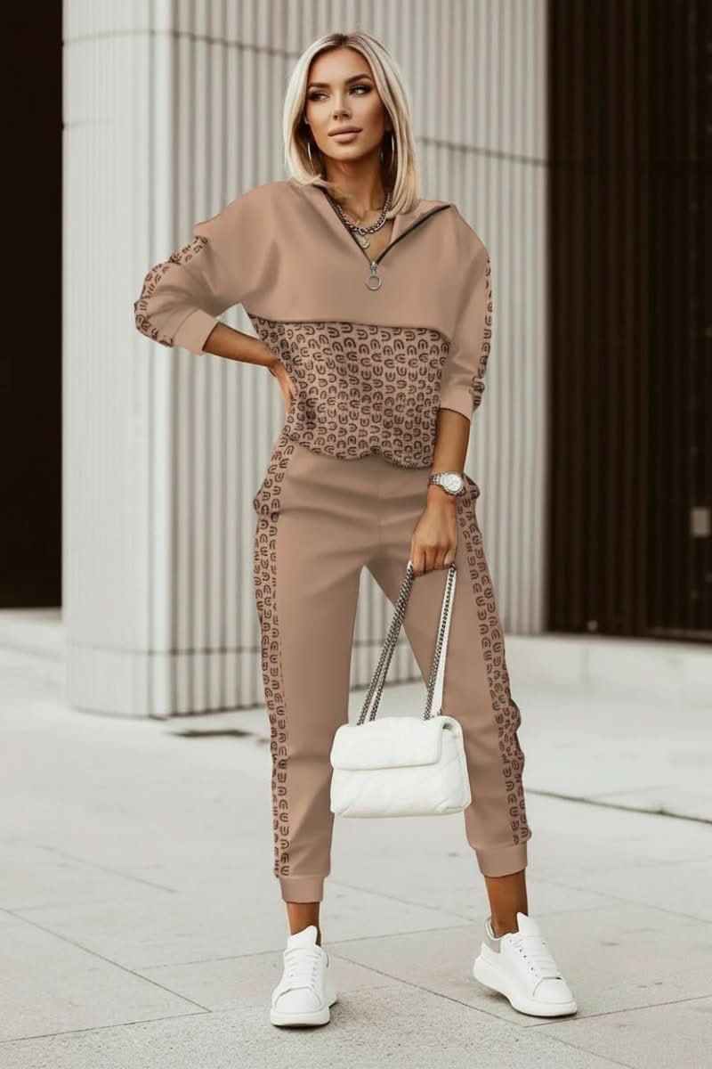 Close-up of soft fabric on a women's athleisure tracksuit set, highlighting comfortable style for lounge wear.