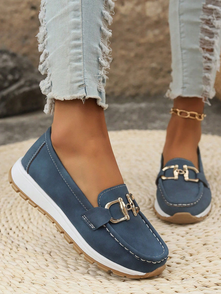 Fashionable women's flat buckle loafers, designed for everyday comfort & chic casual office wear.
