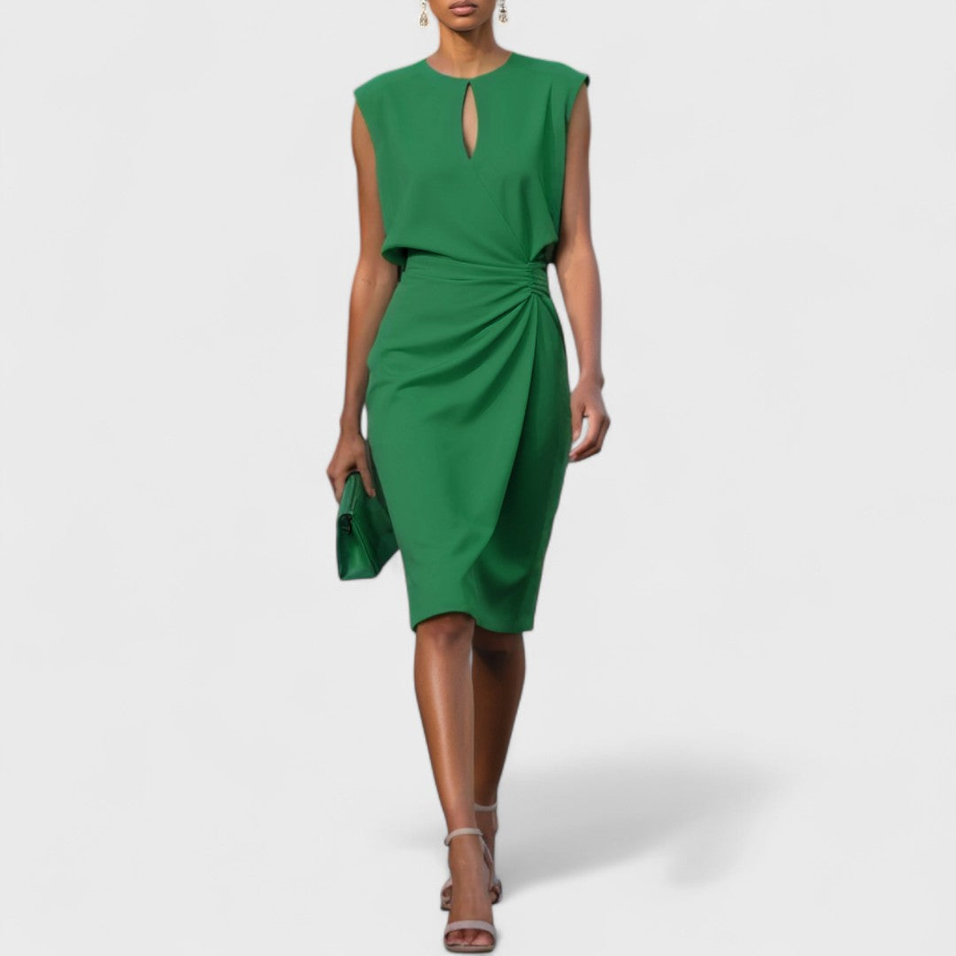 Stylish women's keyhole midi cocktail dress, a formal and elegant choice for wedding guests & evening events.