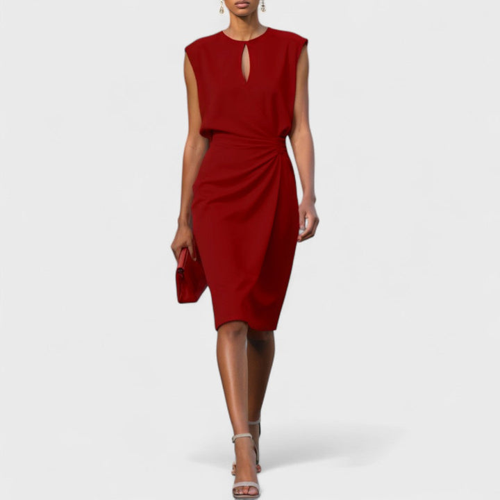 Chic women's keyhole midi dress, an elegant bodycon style perfect as a cocktail or wedding guest outfit.