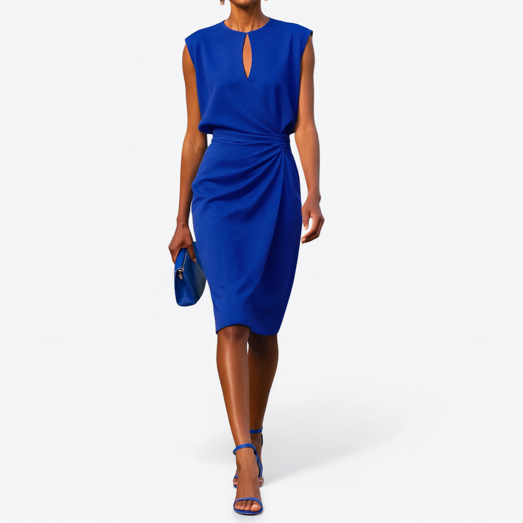Women's elegant keyhole ruched midi dress, a sophisticated and formal choice for wedding guests & special occasions.