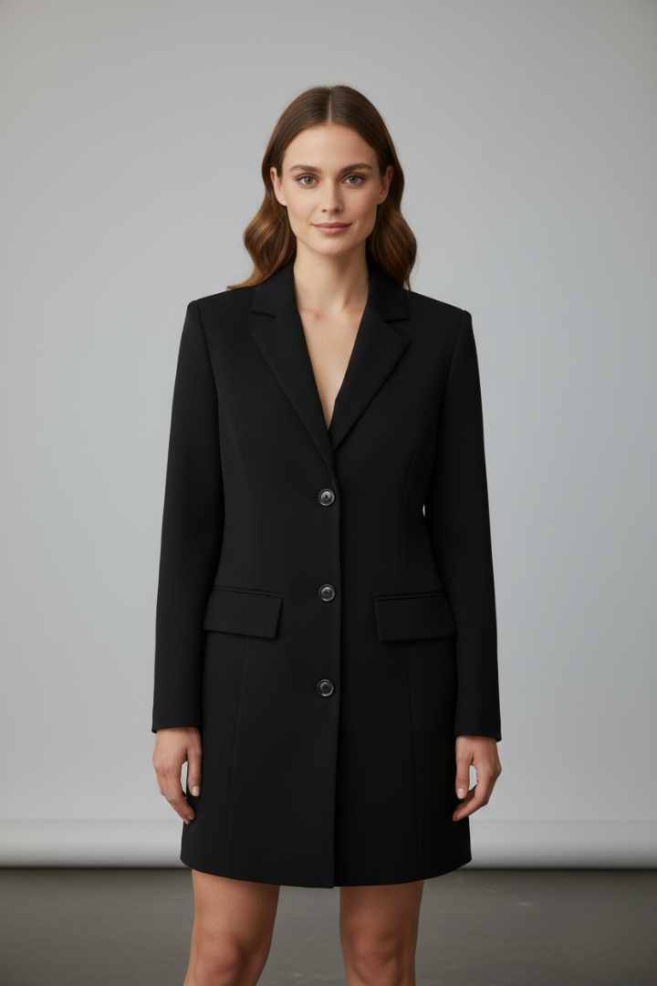 Elegant women's longline blazer. Versatile button-front jacket with notched lapel, perfect for business casual & office.