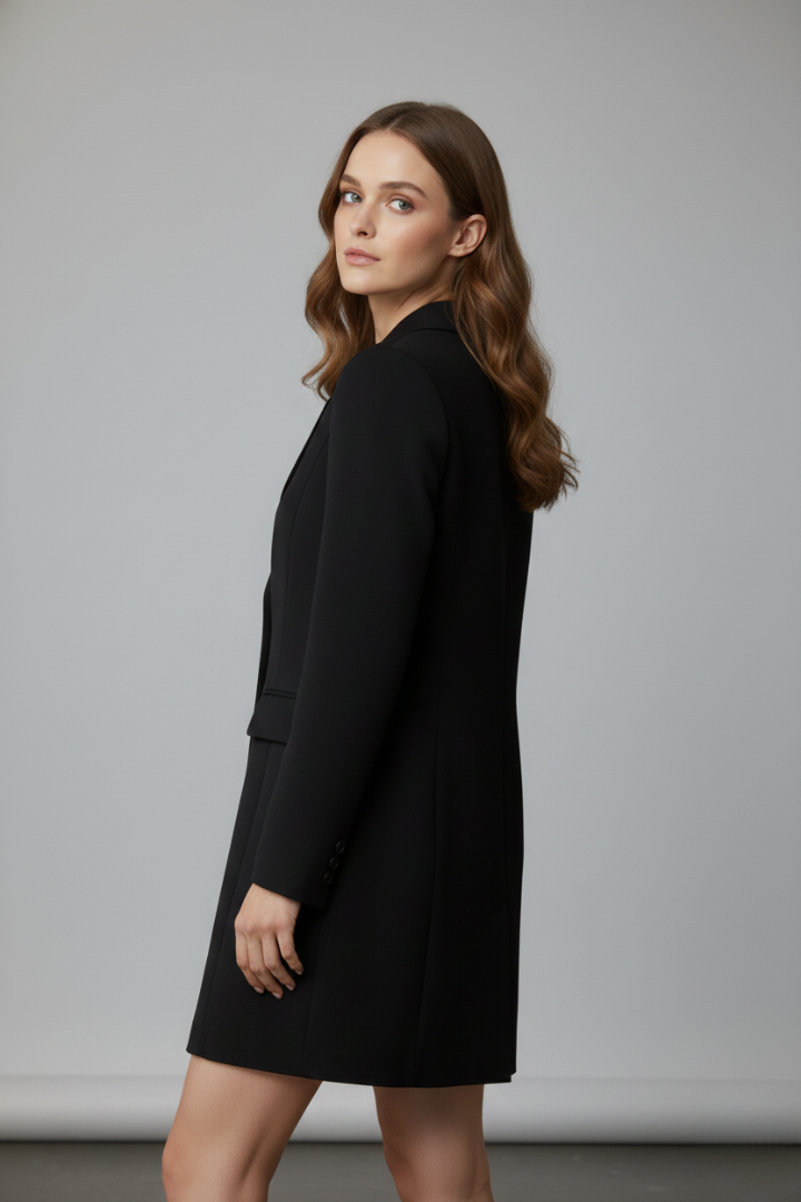 Sophisticated women's chic longline blazer. Button-front design & notched lapel for elegant professional office wear.