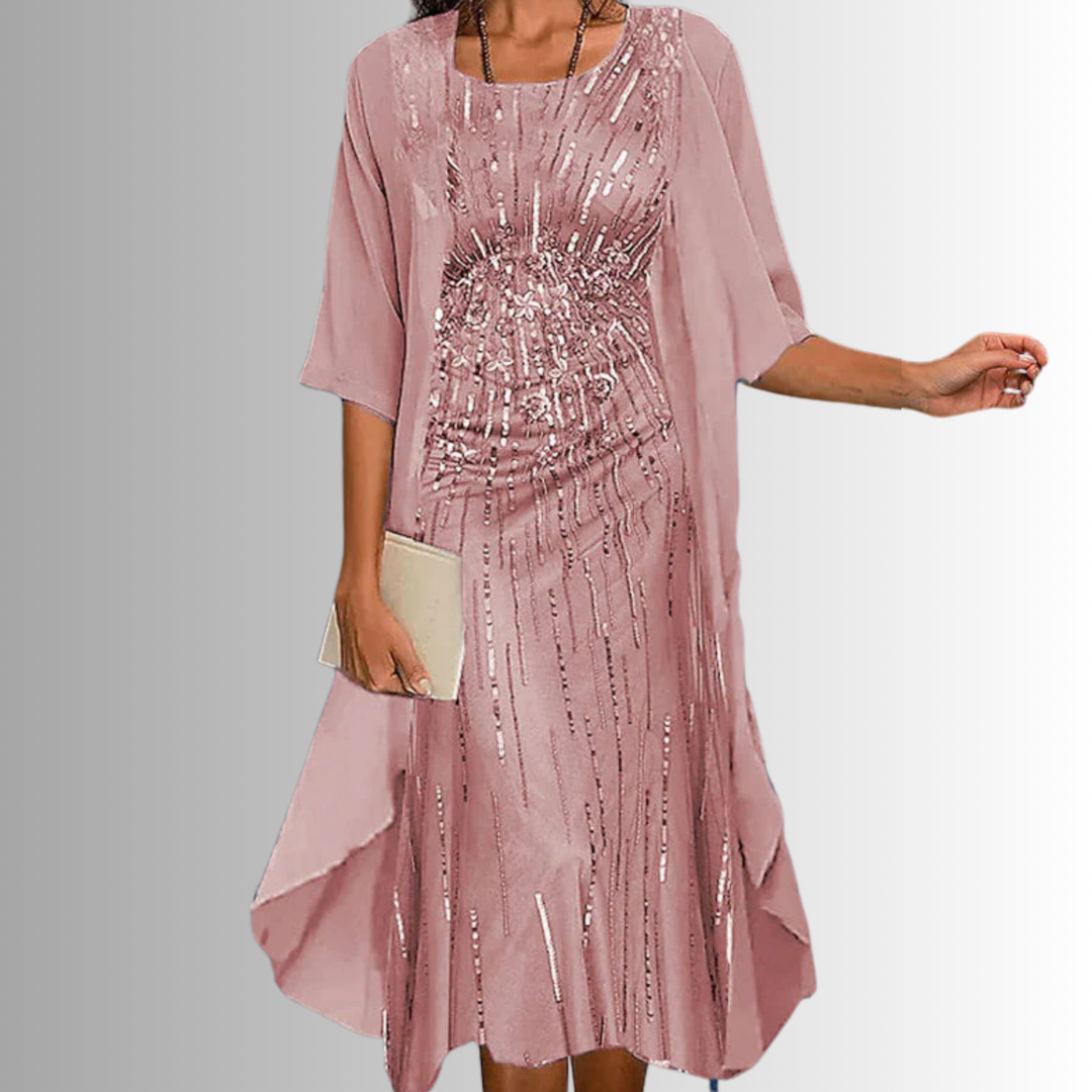 Elegant women's layered midi dress with a unique uneven hem, colorful print, open front, and three-quarter sleeves.