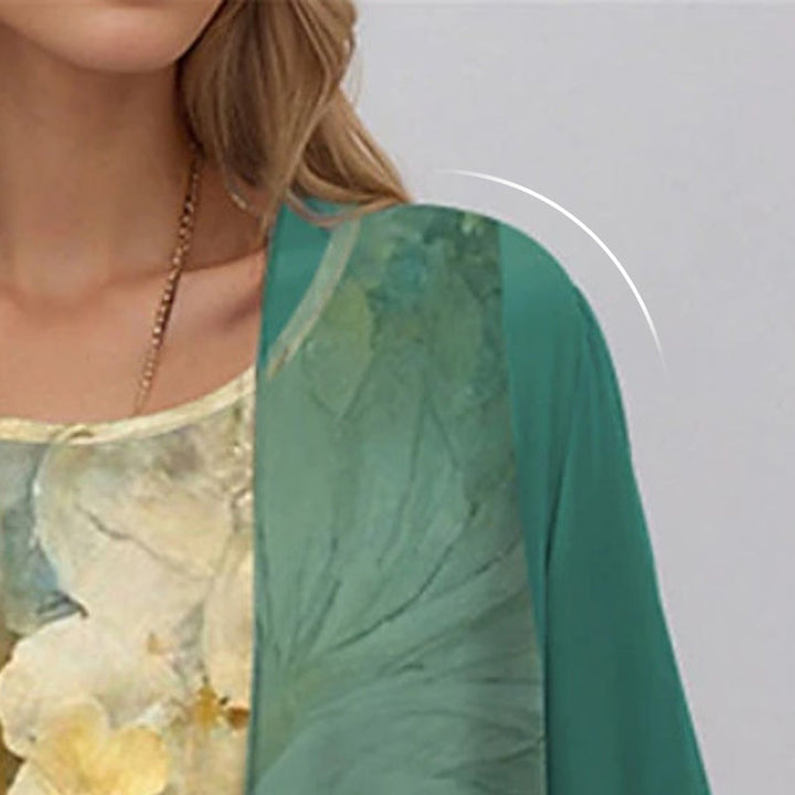 Chic & versatile women's midi dress: vibrant print, open-front, layered design, uneven hem & 3/4 sleeves.