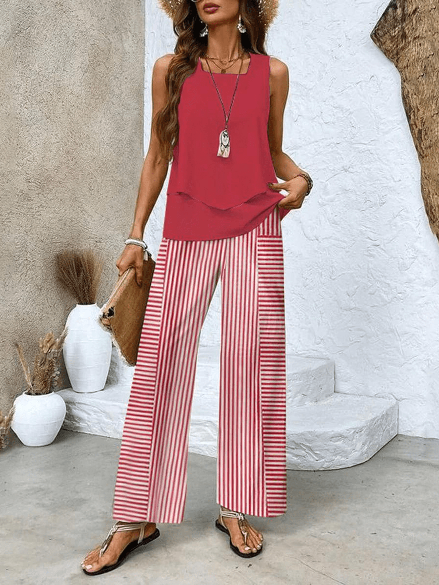 Ladies' two-piece summer set with a chic flowy top & comfortable wide-leg pants. Casual elegant outfit.