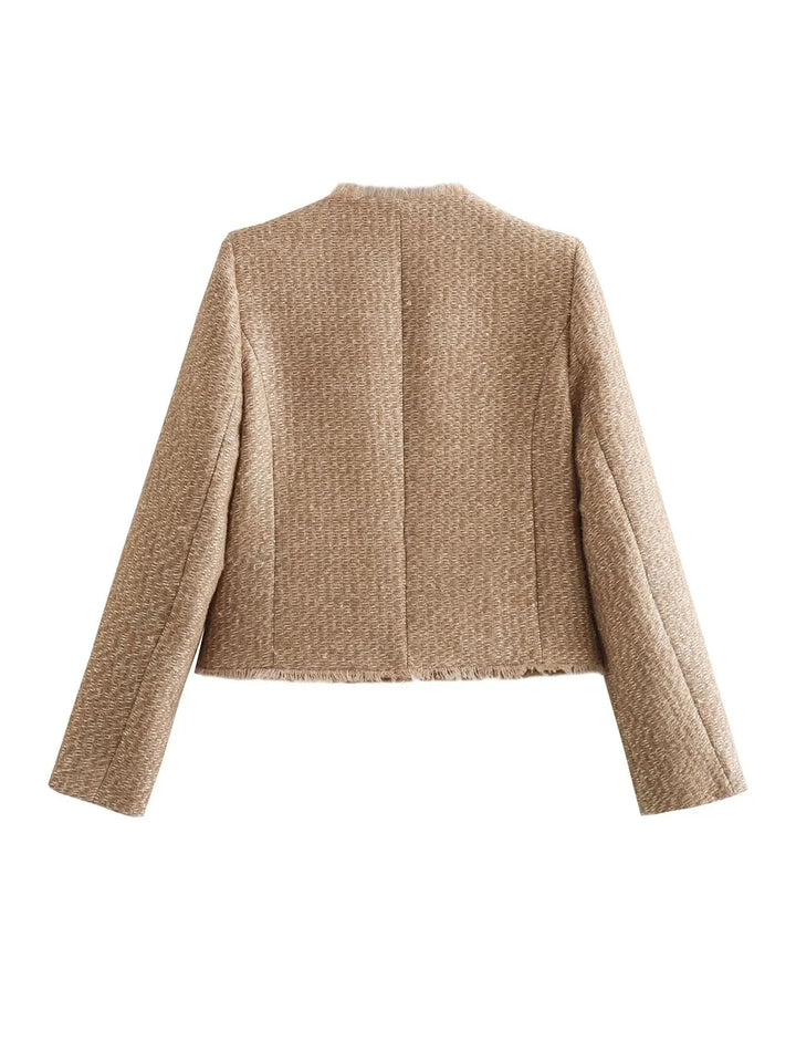 Sophisticated women's tailored jacket, cropped style with chic fringe, for elegant fashion.