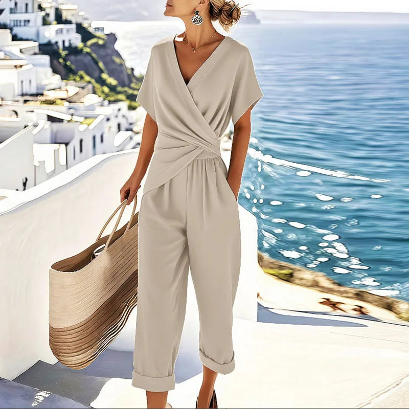 Chic women's two-piece pants set with wrap top & comfortable cropped pants, perfect for summer casual & resort wear.