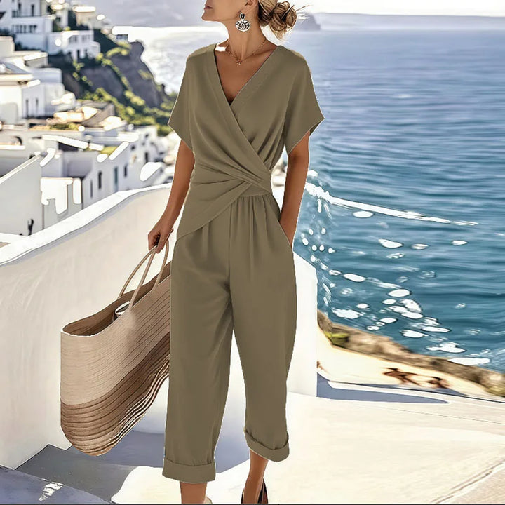 Comfortable women's two-piece pants set with a chic wrap top & flowy cropped pants, ideal for summer vacation & lounge.