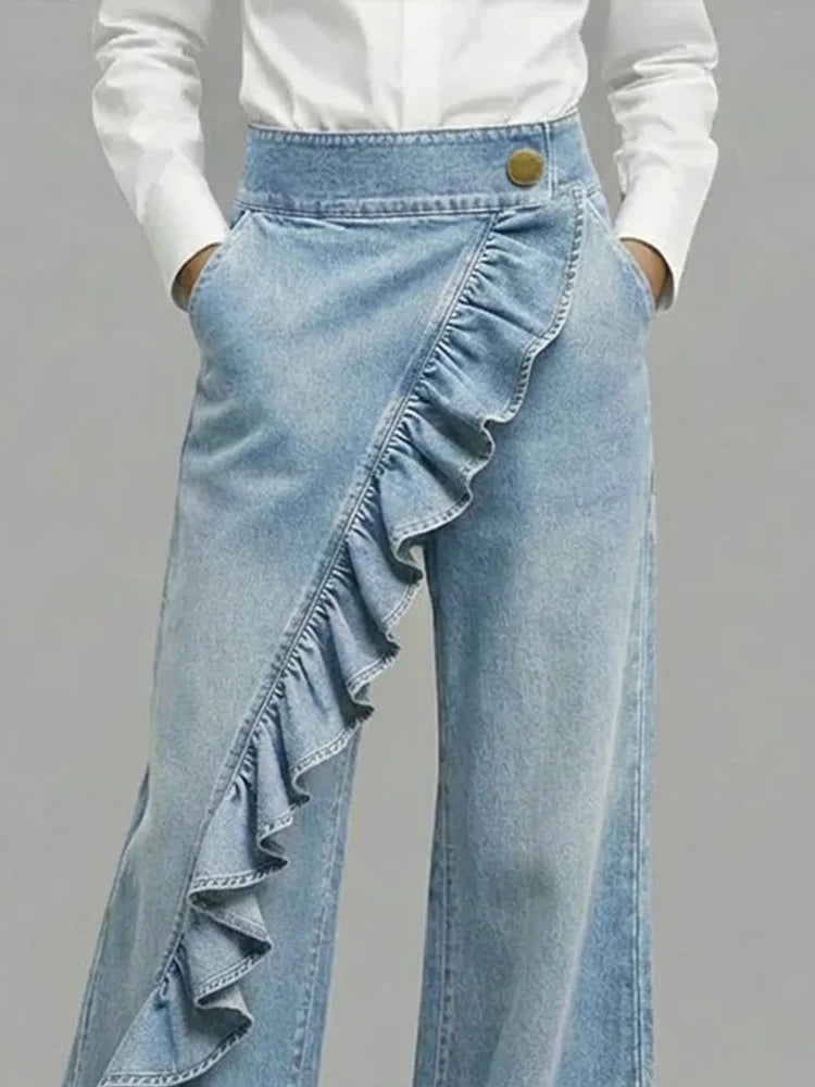 Comfortable wide leg women's jeans with a flowing fit, high rise, and chic ruffle detail for casual style.