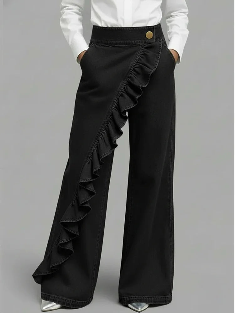 Contemporary women's wide leg jeans with a modern flowing style and distinctive ruffle detail.