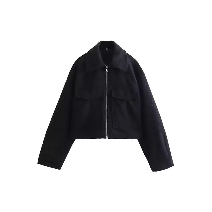 back view of a women's wool-blend bomber jacket, highlighting its versatile and trendy design