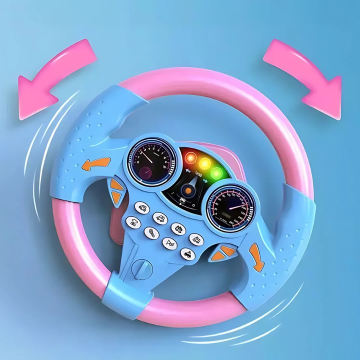Toddler electric steering wheel with realistic car sounds & buttons. Enhances motor skills, great educational toy.