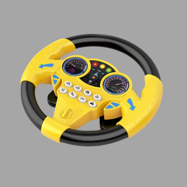 Portable electric steering wheel toy for kids, ideal travel or car seat play. Engages children with interactive driving.
