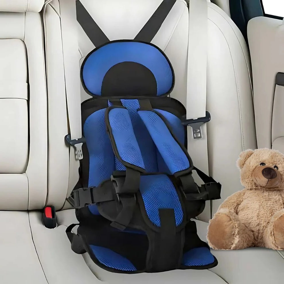 Child's protective car booster seat with five-point harness for safe travel.