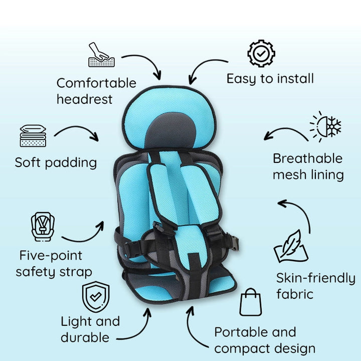 "Child safety car cushion seat in bright red with comfy padding and adjustable straps for secure, cozy travel."